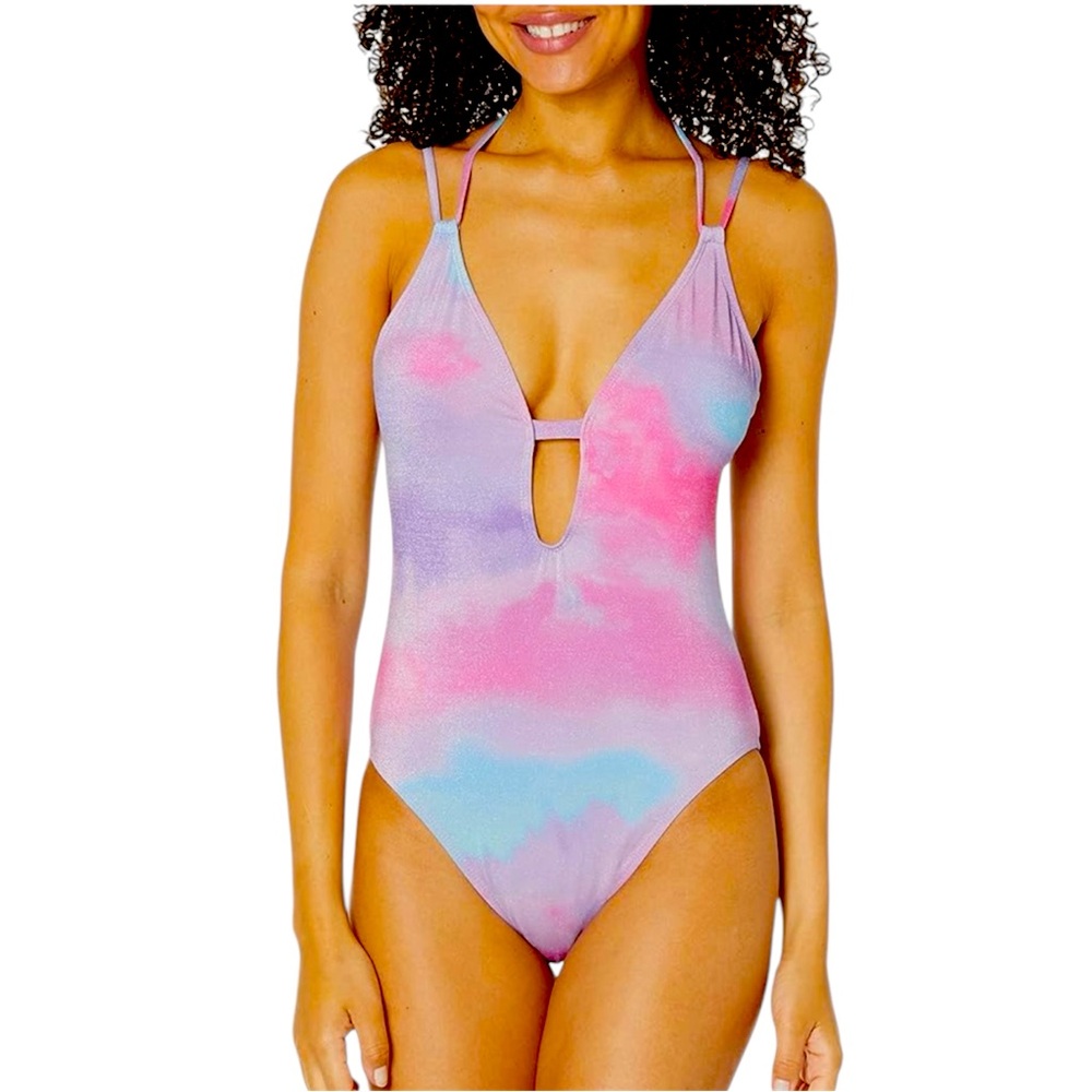 BCBGeneration Women's One Piece Glitter  Tie Dye Double Strap Keyhole Swim Suit